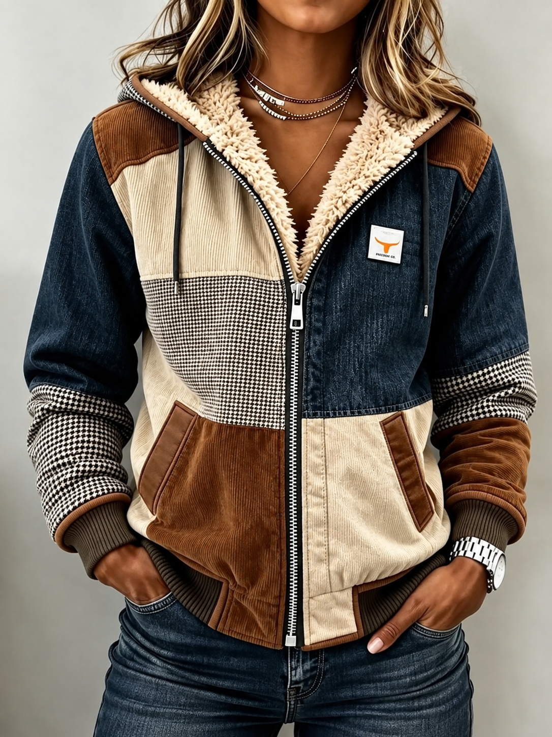 Western Style Color Block Long Sleeve Hoodie Coat